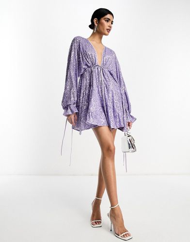 Vestito corto a balze con laccetti lilla decorato con paillettes - ASOS DESIGN - Modalova