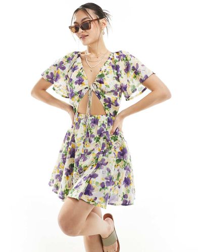 Vestito corto lilla a fiori con cut-out e gonna godet - ASOS DESIGN - Modalova