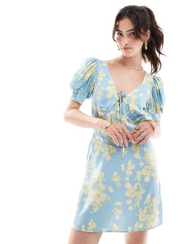 Vestito corto stile milkmaid blu con stampa a fiori e lacci - ASOS DESIGN - Modalova