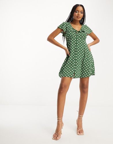 Vestito da giorno corto verde salvia a pois con maniche con volant e bottoni - ASOS DESIGN - Modalova