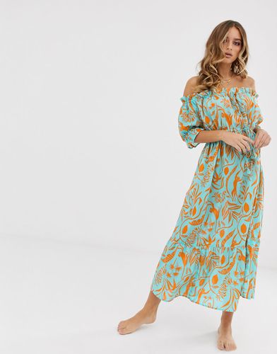 Vestito da mare lungo a balze con spalle scoperte e stampa tropicale verde a fiori - ASOS DESIGN - Modalova