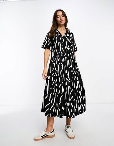 Vestito grembiule midi in twill bianco e nero sfocato con bottoni e colletto - ASOS DESIGN - Modalova