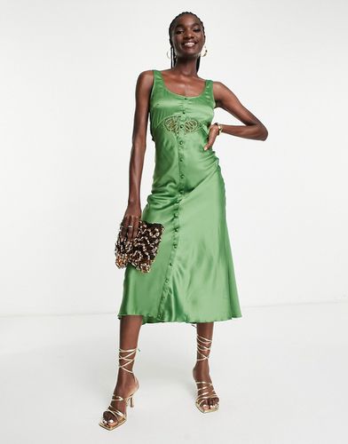 Vestito longuette in raso color oliva con taglio asimmetrico, laccetti e bottoni - ASOS DESIGN - Modalova