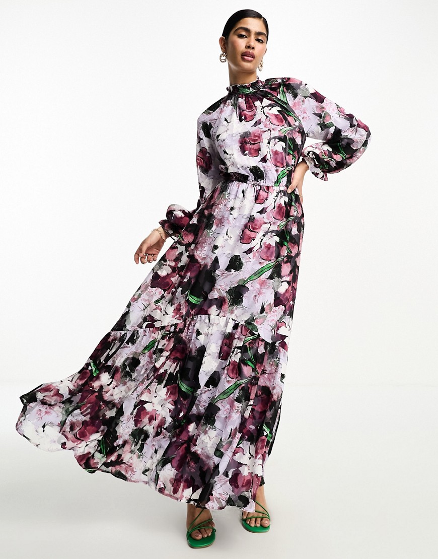Vestito lungo a fiori jacquard accollato con maniche voluminose - ASOS DESIGN - Modalova