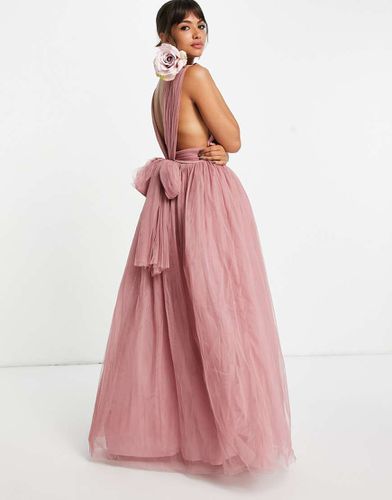 Vestito lungo in tulle con scollo profondo e fiocco sul retro rosa - ASOS DESIGN - Modalova