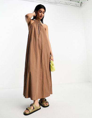 Vestito lungo in cotone marrone cioccolato con dettaglio in gros grain - ASOS DESIGN - Modalova