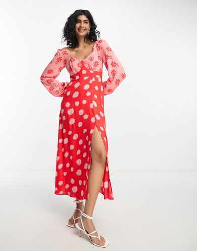 Vestito midi a maniche lunghe in viscosa con stampa mista e scollo a cuore - ASOS DESIGN - Modalova