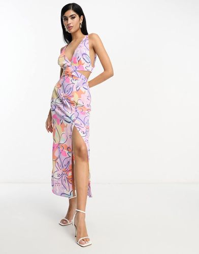 Vestito midi allacciato al collo con stampa a fiori grandi e cut-out - ASOS DESIGN - Modalova