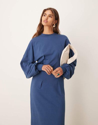 Vestito midi felpato blu navy stretto in vita - ASOS DESIGN - Modalova