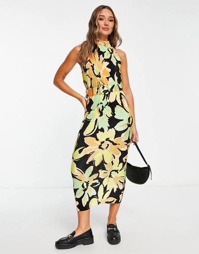 Vestito midi plissé accollato senza maniche nero a fiori color lime con cintura - ASOS DESIGN - Modalova