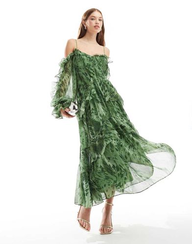 Vestito midi verde a fiori con maniche aperte, laccetti e volant - ASOS DESIGN - Modalova