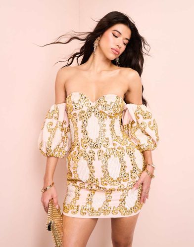 Vestito corto in cotone e oro decorato con gemme a spalle scoperte con maniche a sbuffo - ASOS LUXE - Modalova