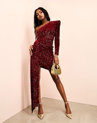 Vestito corto monospalla drappeggiato asimmetrico con paillettes bordeaux - ASOS LUXE - Modalova