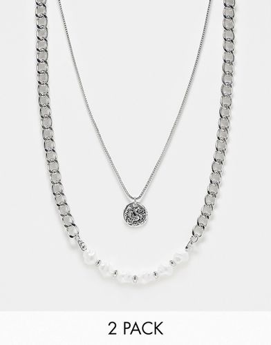 Confezione da 2 collane argentate con ciondolo a forma di moneta e perle - FADED FUTURE - Modalova
