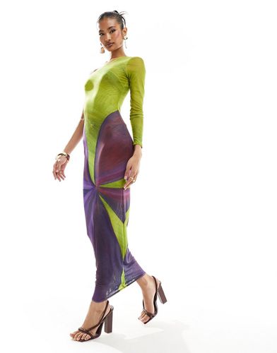 Nyx - Vestito lungo fasciante monospalla in tessuto a rete viola e fiore di lime - Farai London - Modalova