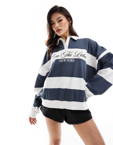 Top stile rugby oversize a righe blu navy e bianche con logo - Kaiia - Modalova