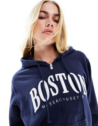 Felpa con cappuccio blu con zip e stampa "Boston" - Hollister - Modalova