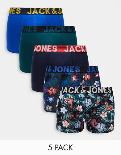 Confezione di 5 paia di boxer aderenti color blu navy con stampa a fiori - Jack & Jones - Modalova