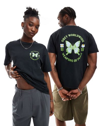 T-shirt unisex nera tinta in capo con stampa di farfalla - Obey - Modalova