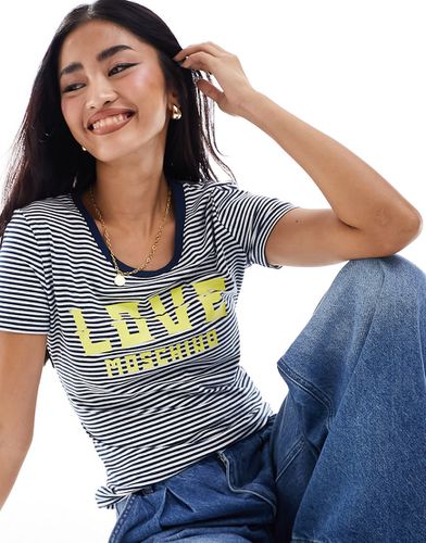 T-shirt a righe con logo color blu navy e bianco - Love Moschino - Modalova