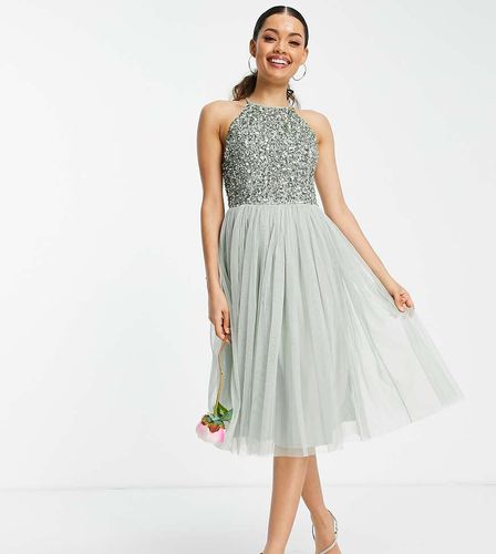 Petite - Vestito midi da damigella in tulle salvia allacciato al collo con delicate paillettes tono su tono - Maya - Modalova