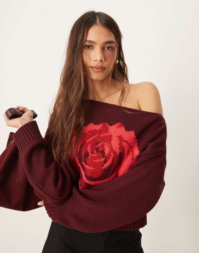 Maglione extra largo con spalla scoperta e disegno di rosa - Miss Selfridge - Modalova