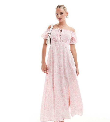 Vestito lungo rosa a fiori con scollo alla Bardot e maniche a sbuffo - Miss Selfridge Petite - Modalova