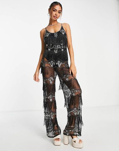 Tuta jumpsuit premium da festival con scollo rotondo e spalline sottili nera con decorazioni e pantaloni trasparenti - Miss Selfridge - Modalova