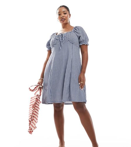 New Look Curve - Robe courte tendance folk à carreaux vichy - marine - New Look Plus - Modalova