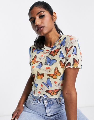 Neon & Nylon - T-shirt in rete color crema con stampa di farfalle - ONLY - Modalova