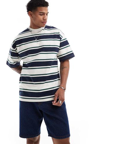 T-shirt oversize pesante color crema verde e blu navy a righe - Selected Homme - Modalova