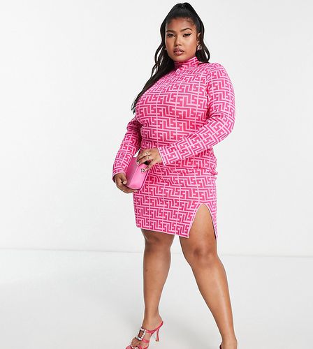 Simmi Plus - Vestito fasciante accollato rosa con stampa geometrica - Simmi London Plus - Modalova