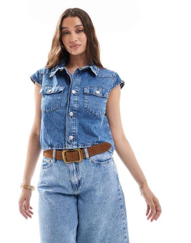 Crop top en denim avec mancherons - moyen - Pieces - Modalova