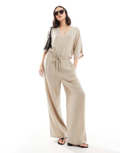 Tuta jumpsuit color pietra arricciata con maniche a palloncino - Pretty Lavish - Modalova