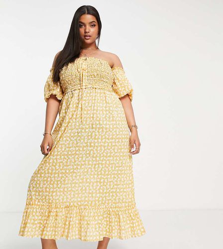 Vestito da mare midi arricciato giallo con scollo alla Bardot - River Island Plus - Modalova