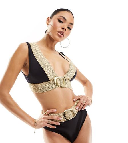 Slip bikini neri a vita alta con dettaglio elasticizzato con fibbia - River Island - Modalova