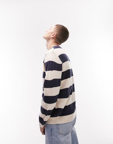 Maglione classico girocollo in maglia a righe écru e blu navy - Topman - Modalova