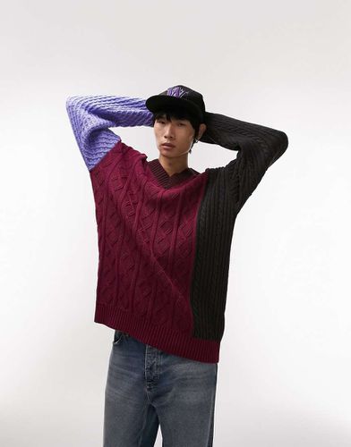 Maglione con scollo a V in maglia bordeaux con cuciture miste - Topman - Modalova