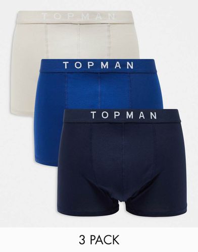 Confezione da 3 paia di boxer aderenti blu navy, blu e color pietra con fascia in vita colorata - Topman - Modalova