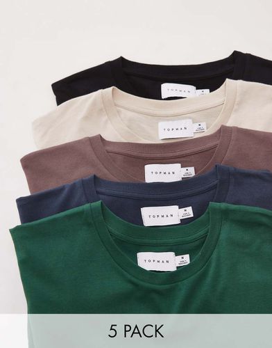 Confezione da 5 T-shirt classiche nera, pietra, marrone, blu navy e verde sportivo - Topman - Modalova