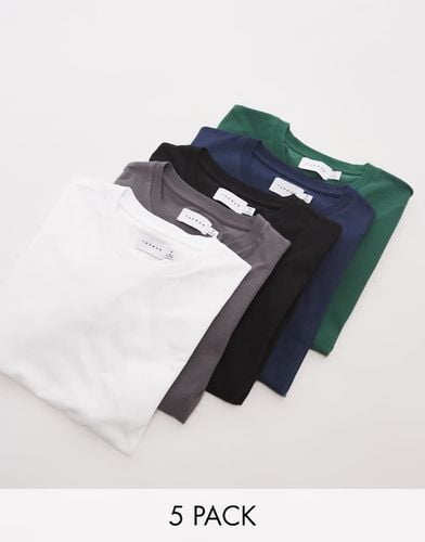 Confezione da 5 T-shirt regular fit nera, bianca, blu navy, antracite e verde - Topman - Modalova