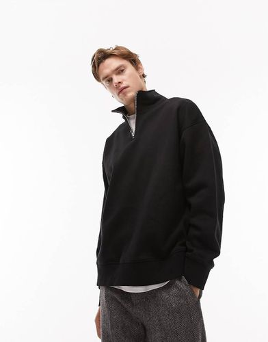 Felpa oversize premium pesante con zip corta nera - Topman - Modalova