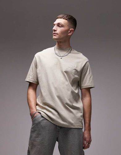 T-shirt oversize color pietra con ricami floreali - Topman - Modalova