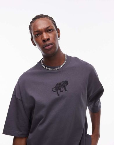 T-shirt super oversize premium antracite con leopardo ricamato sul davanti e sul retro - Topman - Modalova