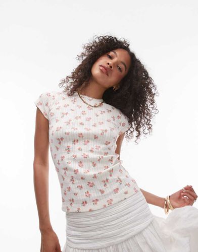 T-shirt taglio lungo écru con stampa a fiori traforata - Topshop - Modalova