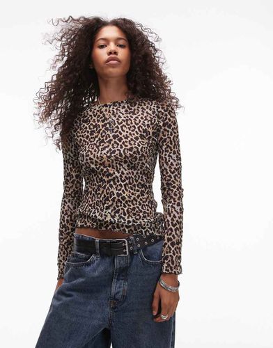 Top a maniche lunghe stropicciato marrone con stampa leopardata - Topshop - Modalova