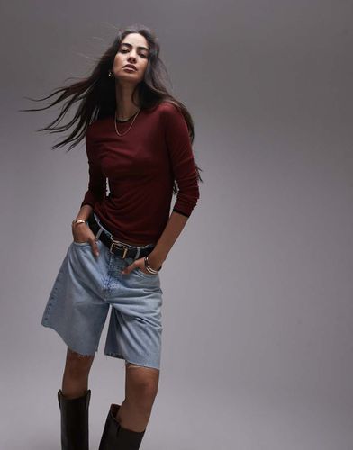 Top girocollo a maniche lunghe premium basic trasparente bordeaux con finiture a contrasto - Topshop - Modalova