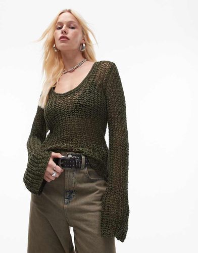 Top in maglia traforata con scollo rotondo verde - Topshop - Modalova