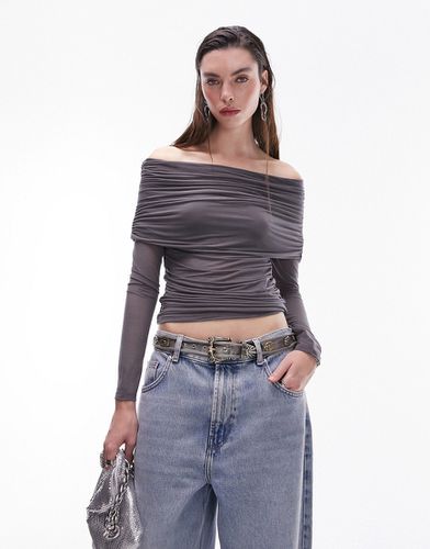 Top in rete a maniche lunghe antracite trasparente con scollo Bardot - Topshop - Modalova