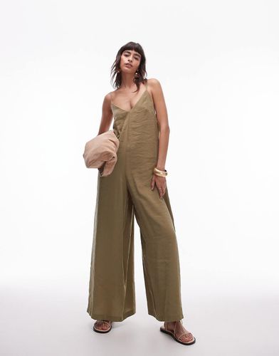 Tuta jumpsuit a fondo ampio con spalline sottili e allacciatura sul retro kaki - Topshop - Modalova